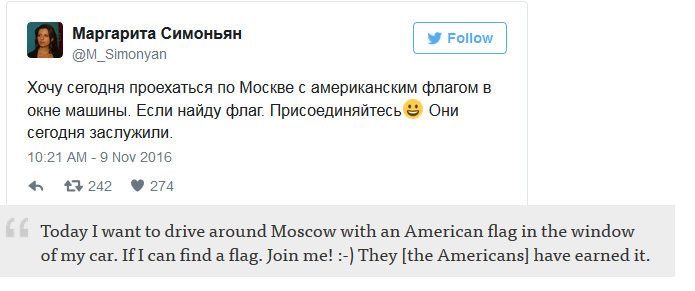 Tweet: Dnes chcem autom jazdiť po Moskve s americkou vlajkou v okne. Ak nájdem vlajku. Pridajte sa! :) Američania si to zaslúžili. 